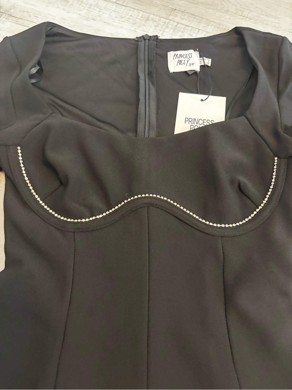 Princess Polly Black Rhinestone Trim Long Sleeve Mini Dress Size 6 - Picture 4 of 11